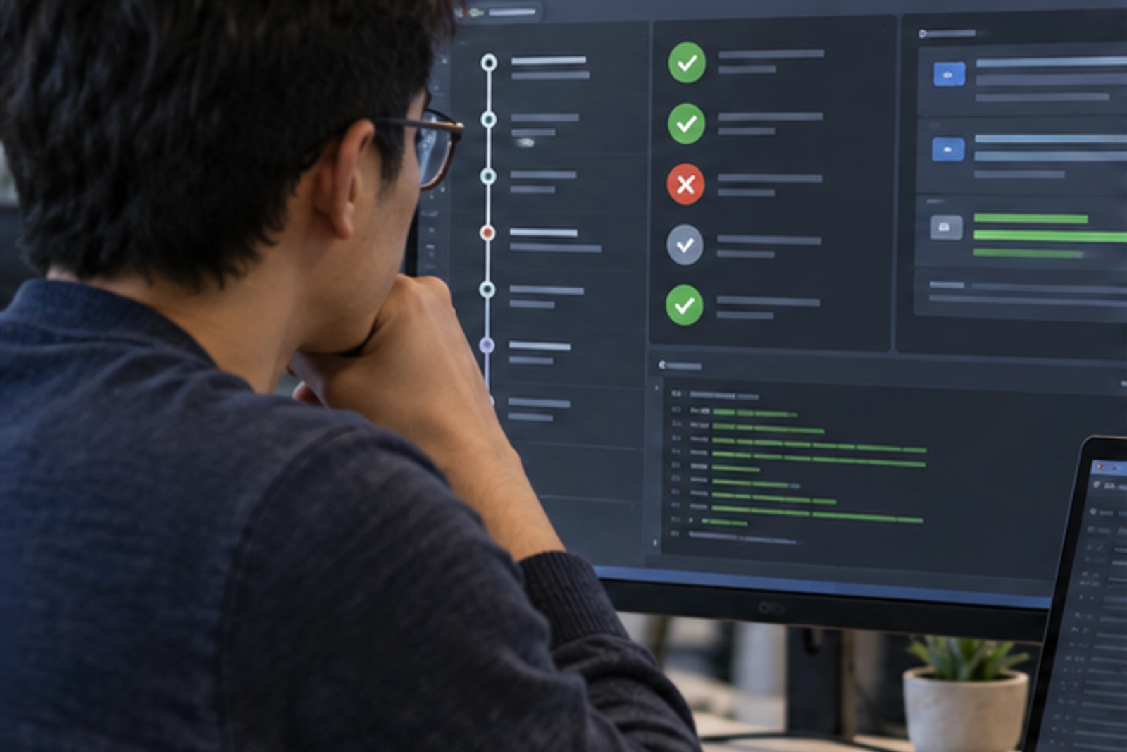 Команда обсуждает ветки Git и pull request на экране